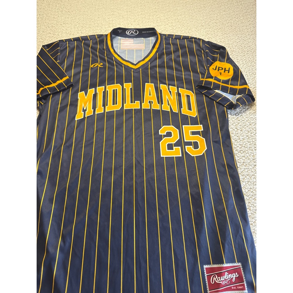 Rawlings Midland Baseball Jersey Navy Blue Yellow Pinstripe Size Medium Adult 25